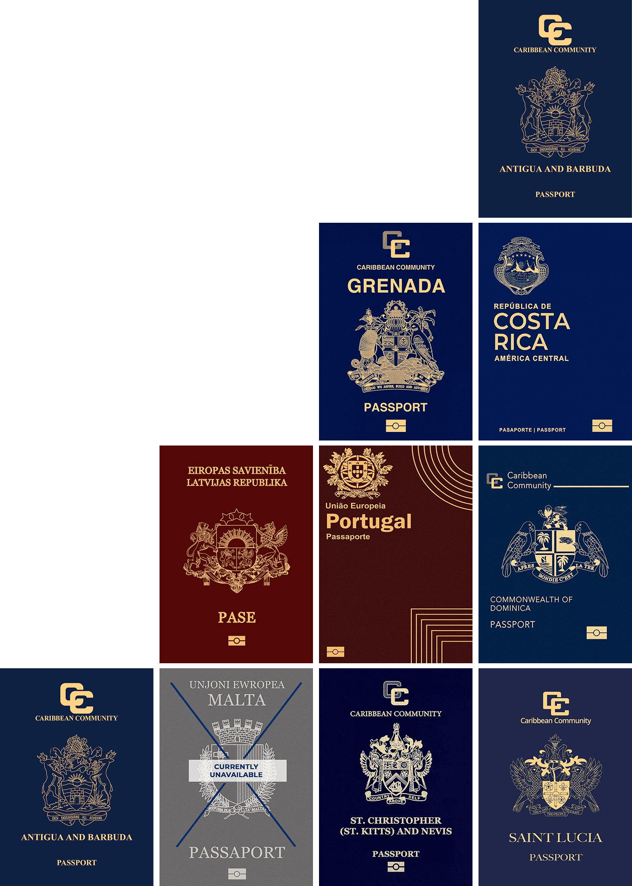 A collage of international passports unlocked through investment migration